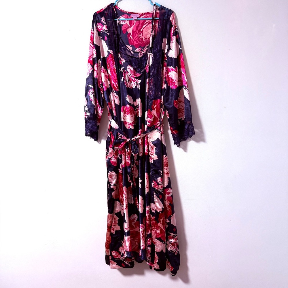 Amoureuse 1X Floral Robe Nightgown Set Satin Long Sleeve Lace Navy Pink Roses